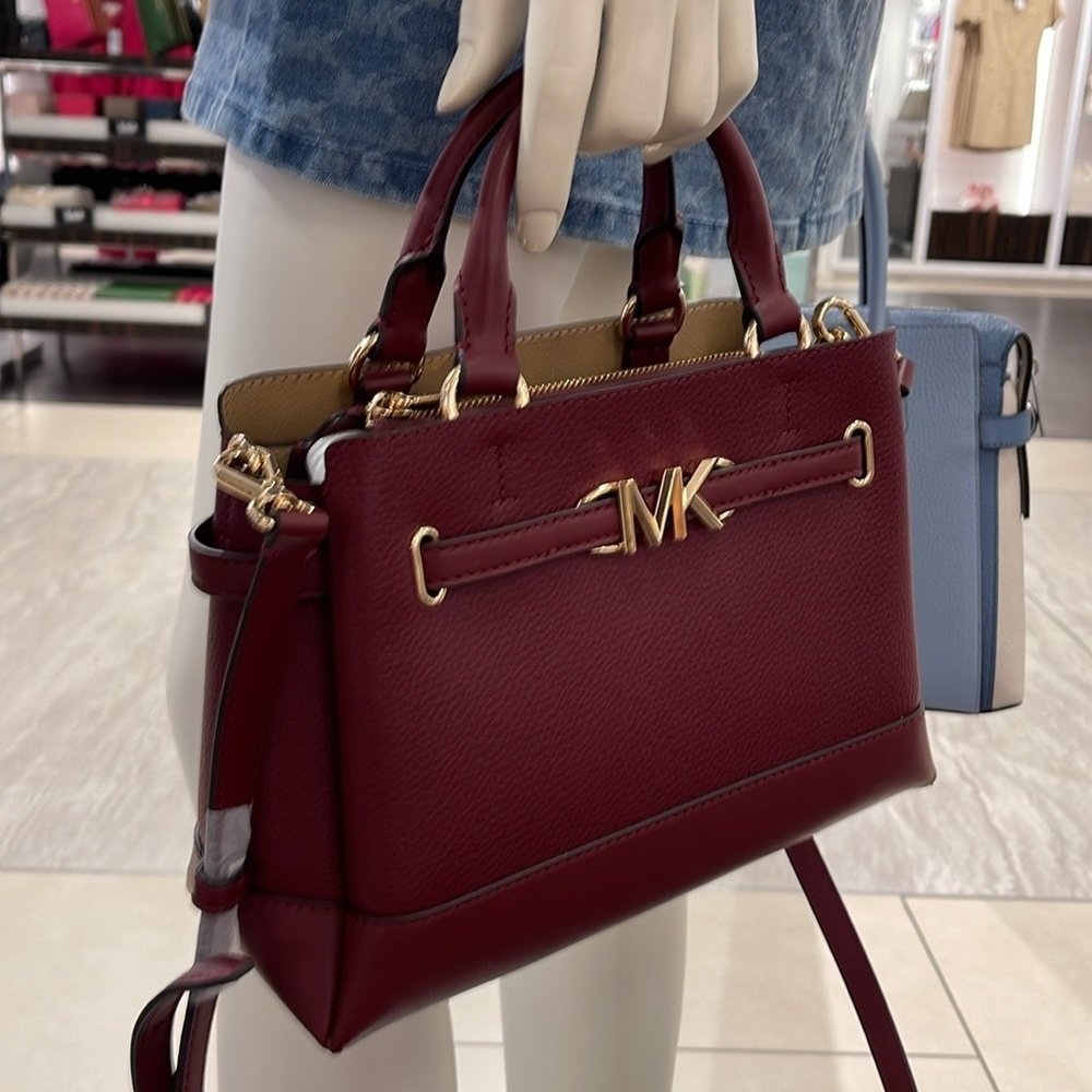 Michael Kors Reed Small Dark Cherry Leather Center Zip Belted Satchel Bag Purse - Picture 2 of 16